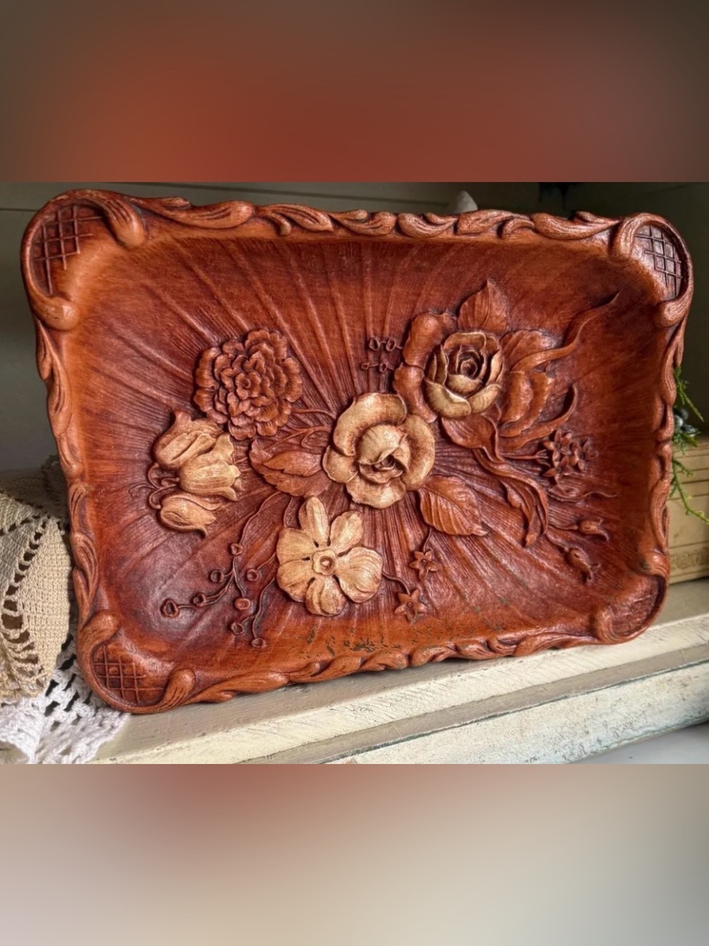 Vintage 1944 Multi Products Inc. Floral Faux Wood Resin Tray Roses Lilies Syroco